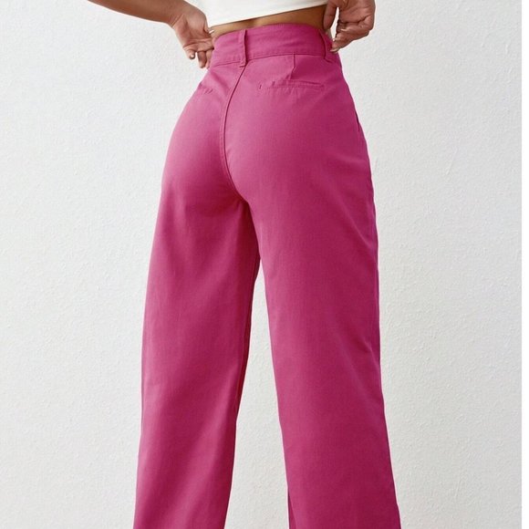 Pink Plain Womens Solid High Waist Wide Leg Jeans - Picture 3 of 5